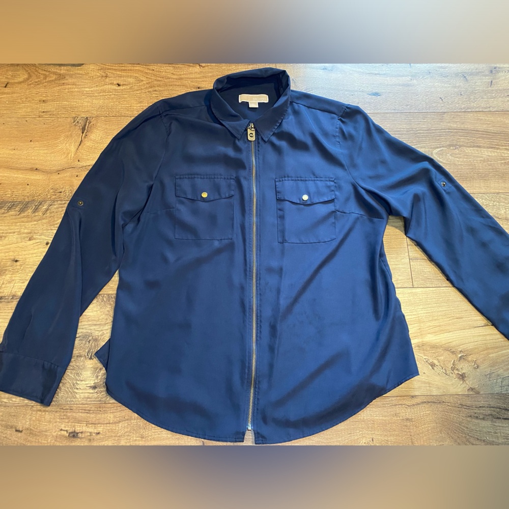 Michael Kors Navy Blue Dog Tag Zip up Shirt Size XL